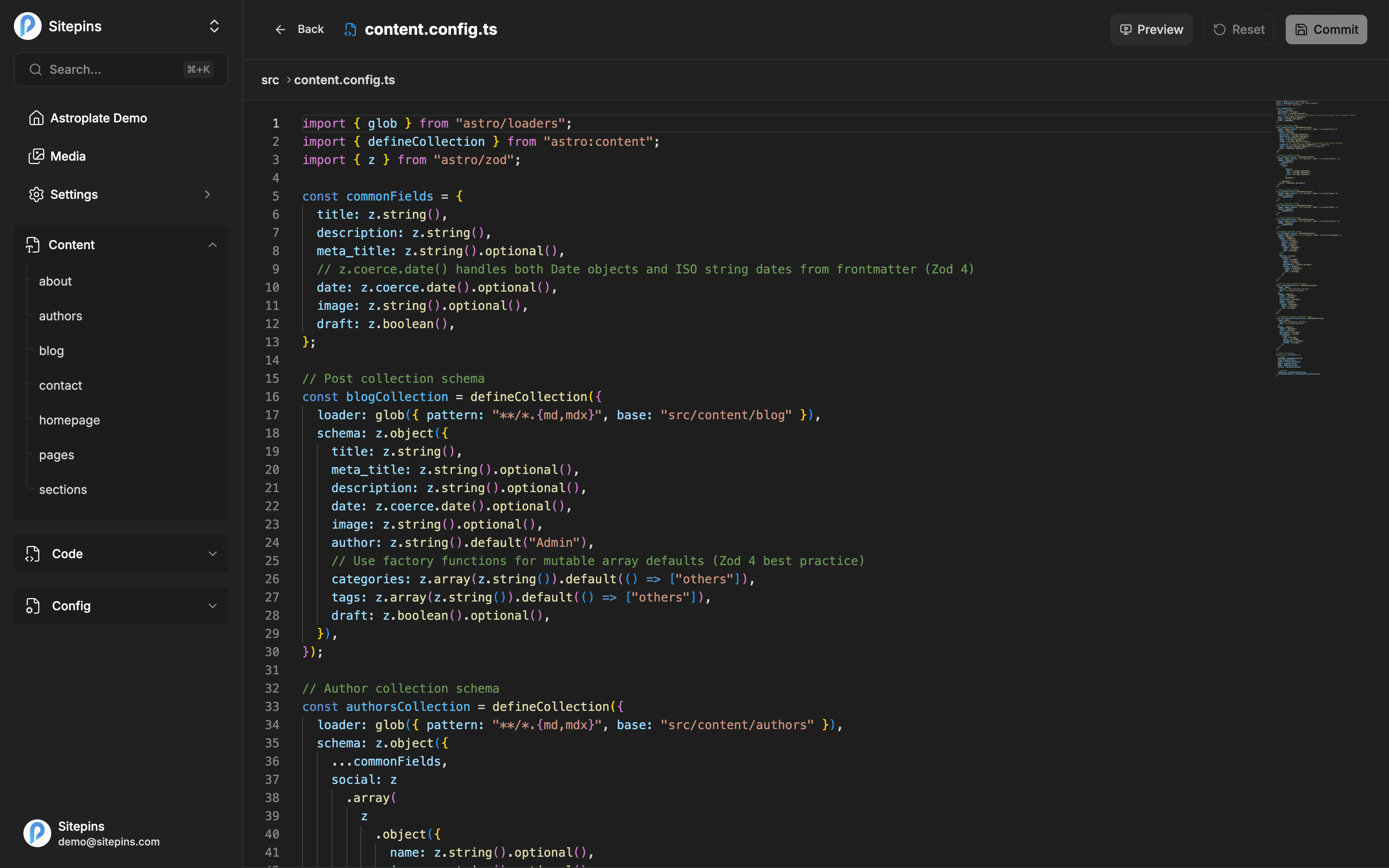 A TypeScript file open in the Sitepins code editor