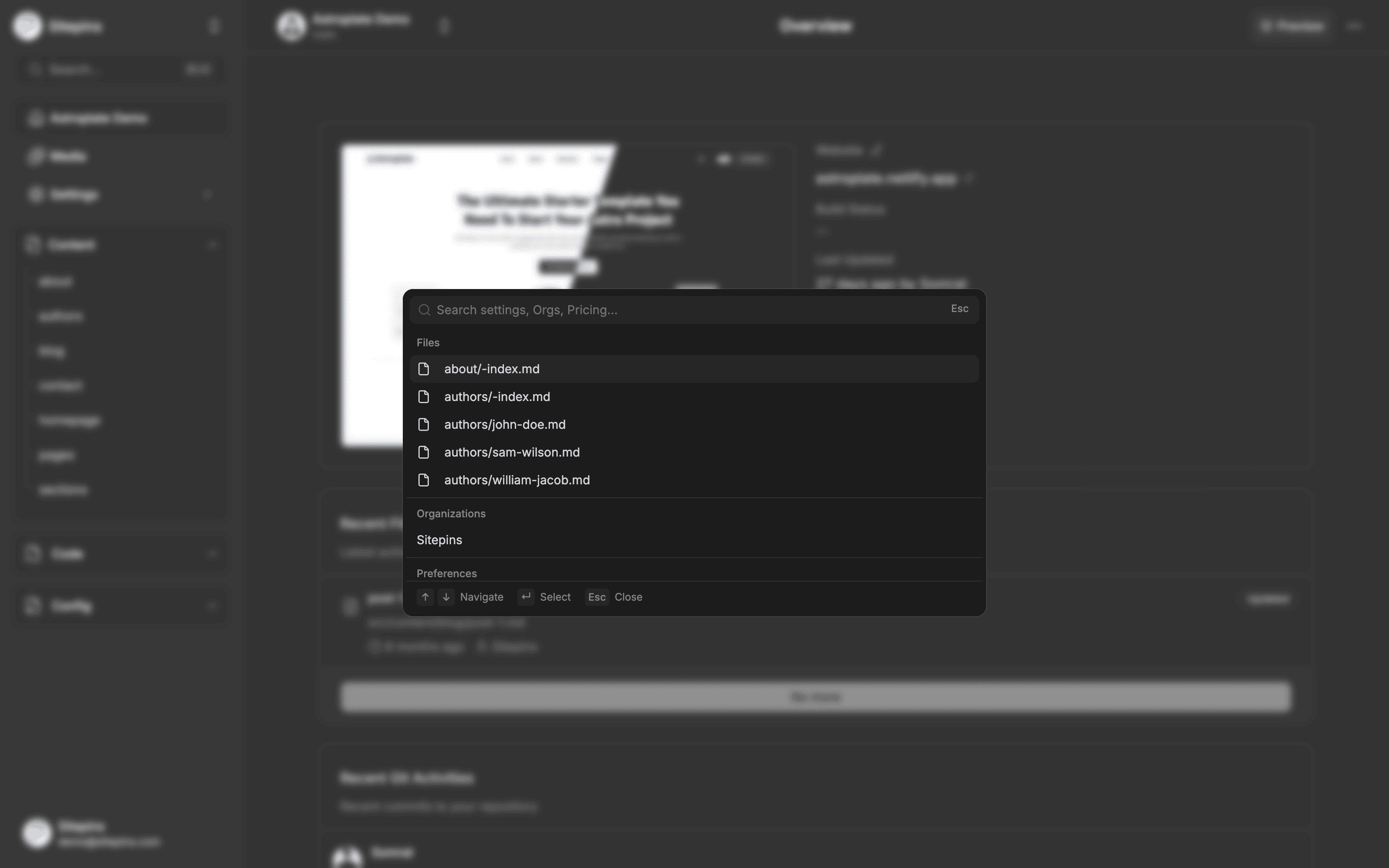 Global search open, showing file and organization results