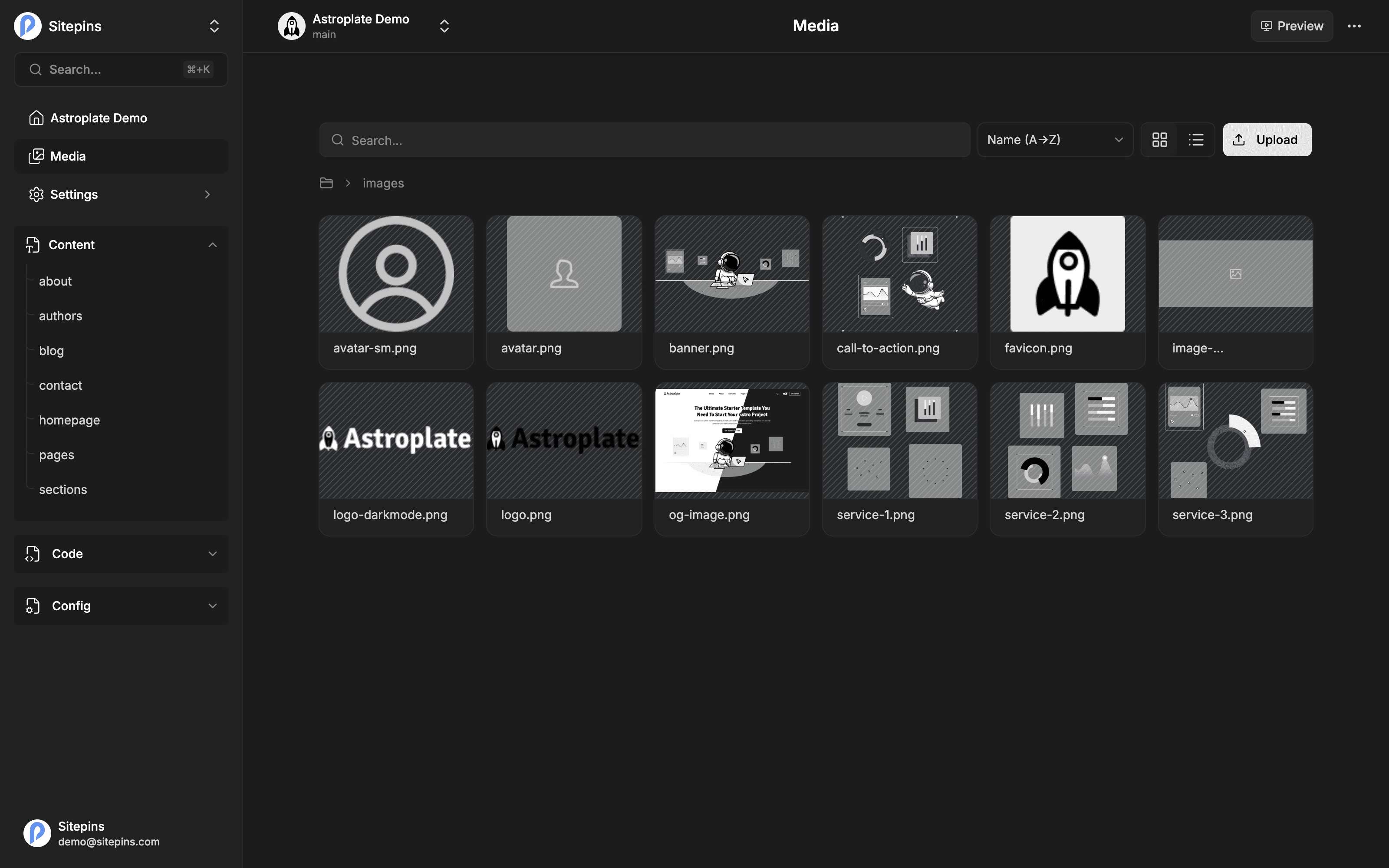 The Sitepins media library in grid view