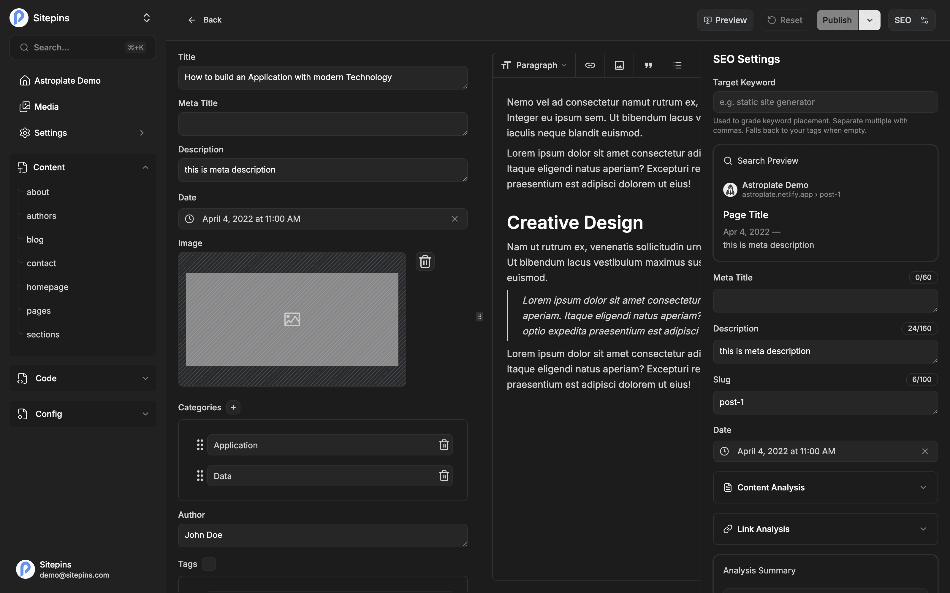 The SEO panel open beside the editor, showing the search preview and analysis