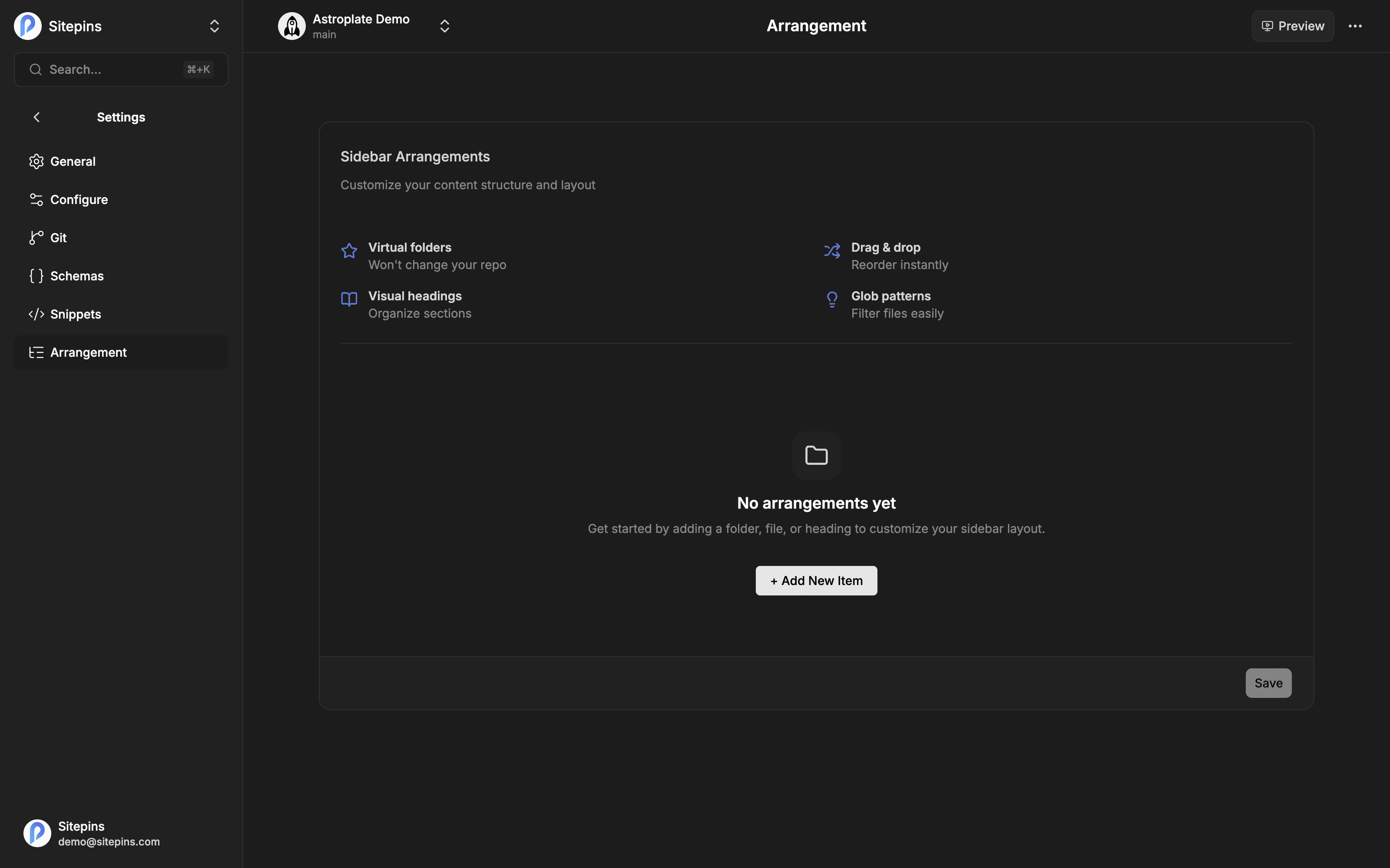 The Sidebar Arrangements settings page