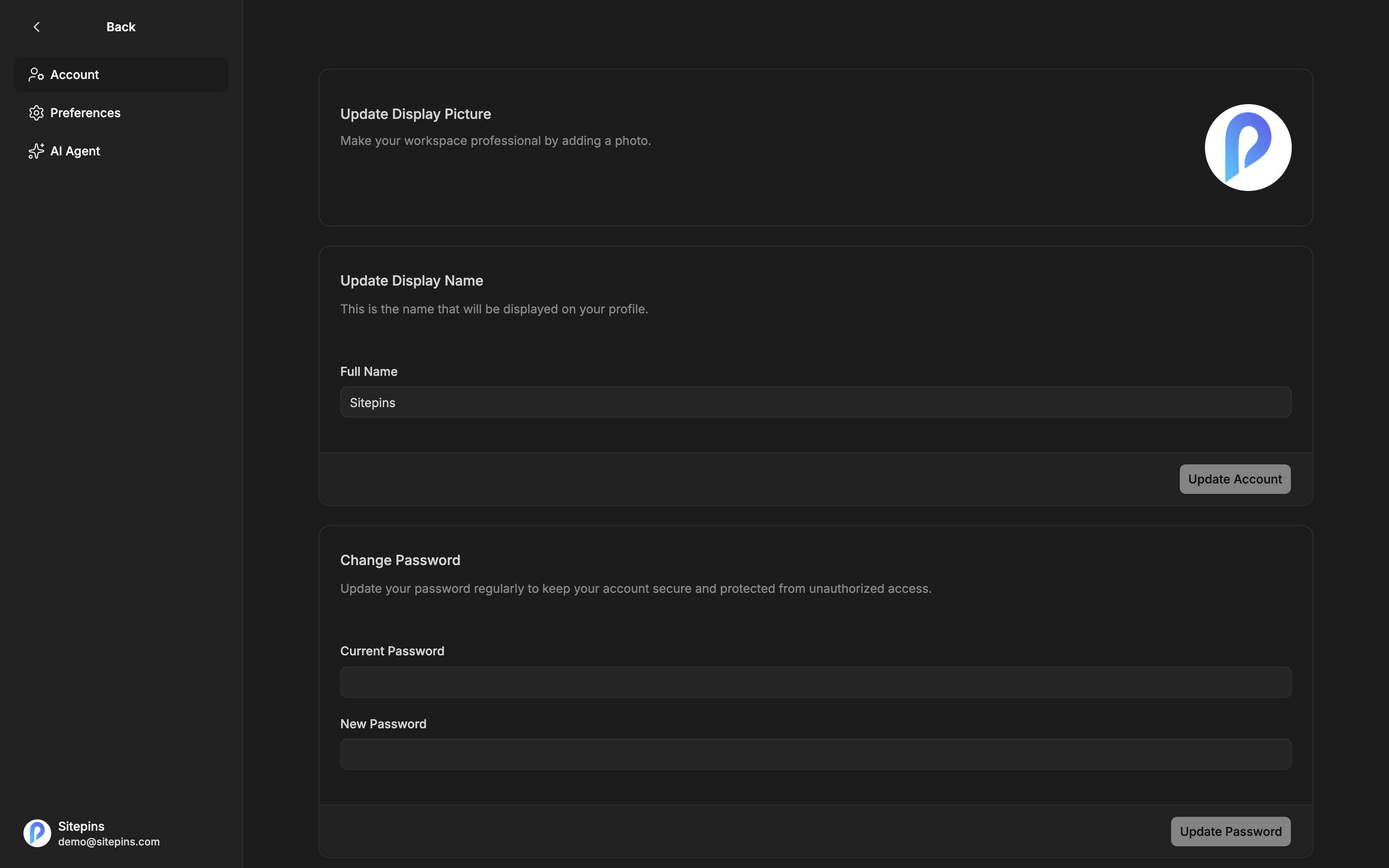The account settings page
