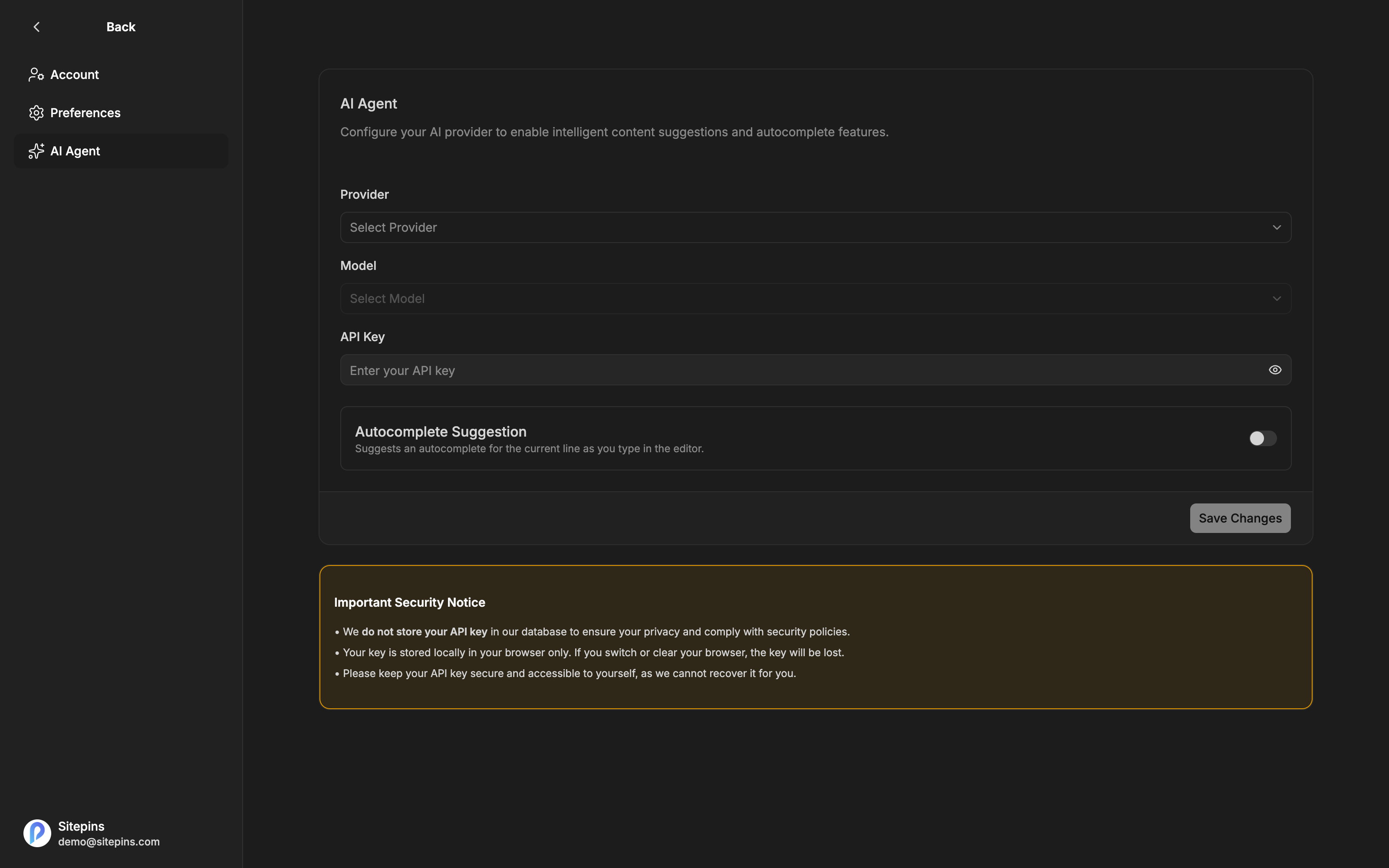 The AI Agent settings page