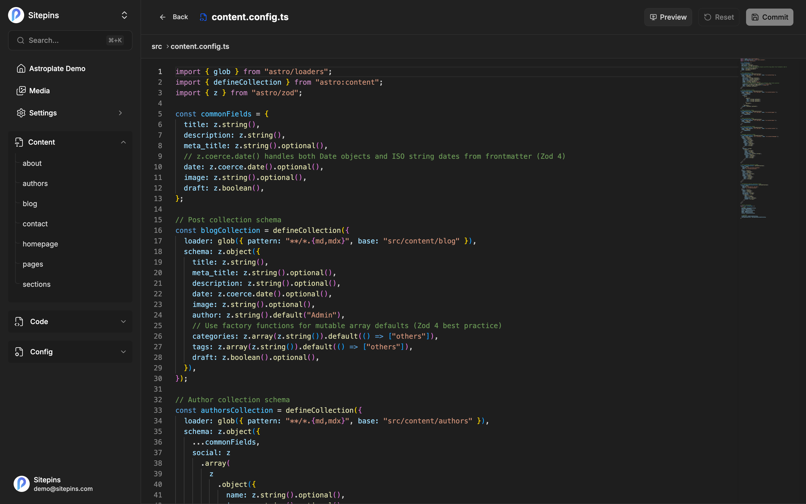 A TypeScript file open in the Sitepins code editor