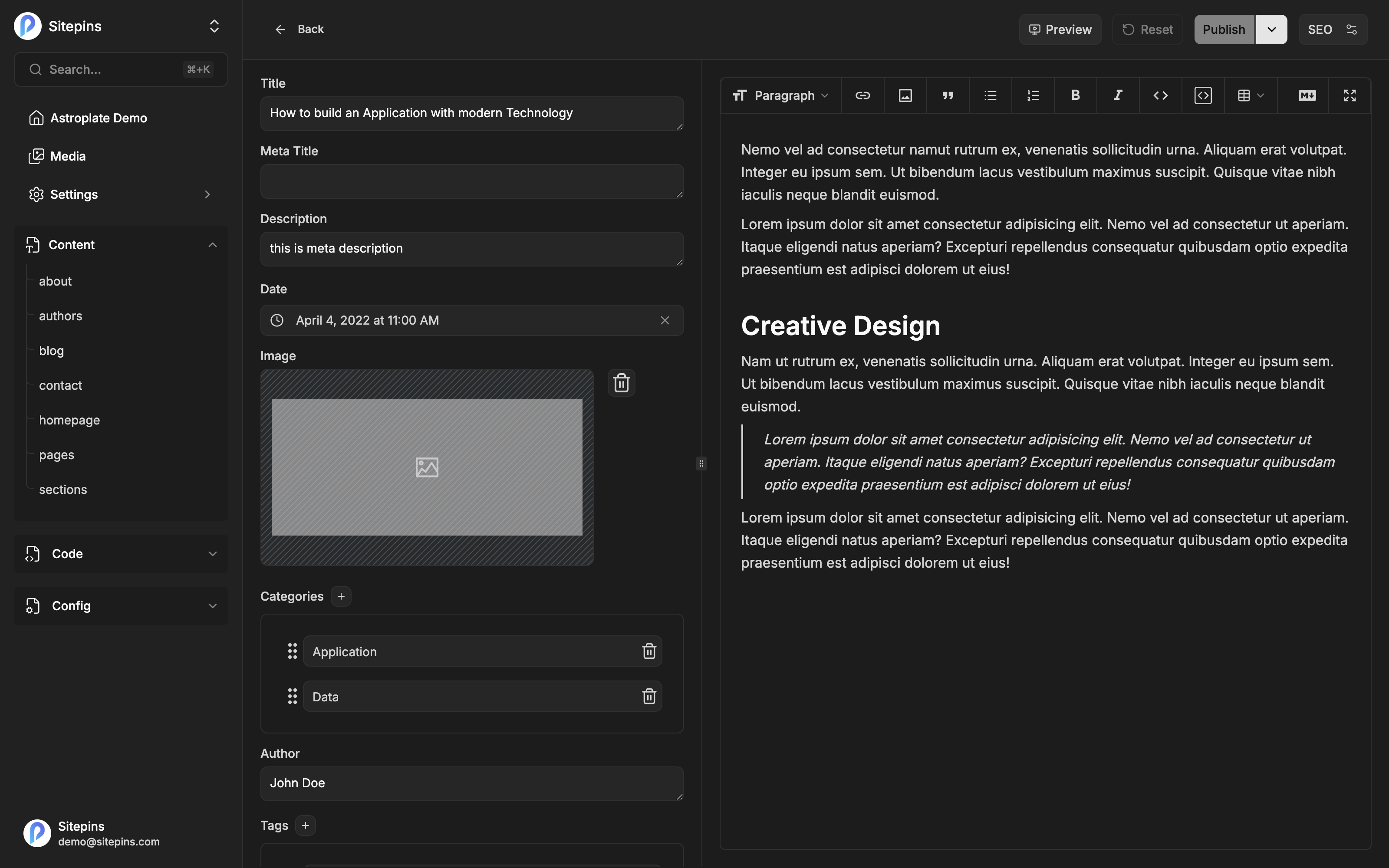 The Sitepins editor: frontmatter form on the left, content on the right