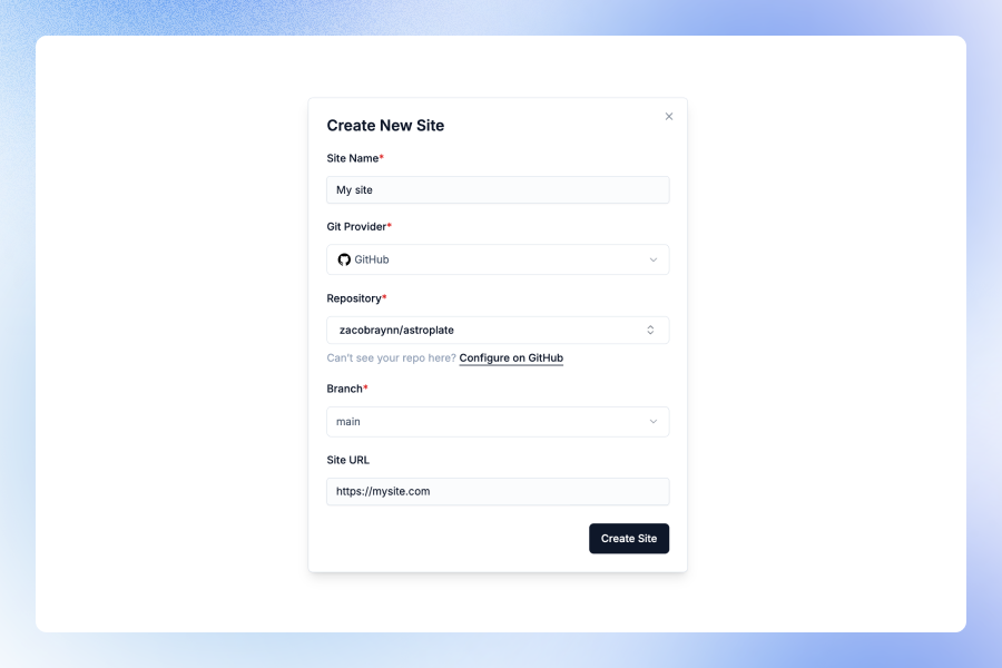 Adding a new site to Sitepins
