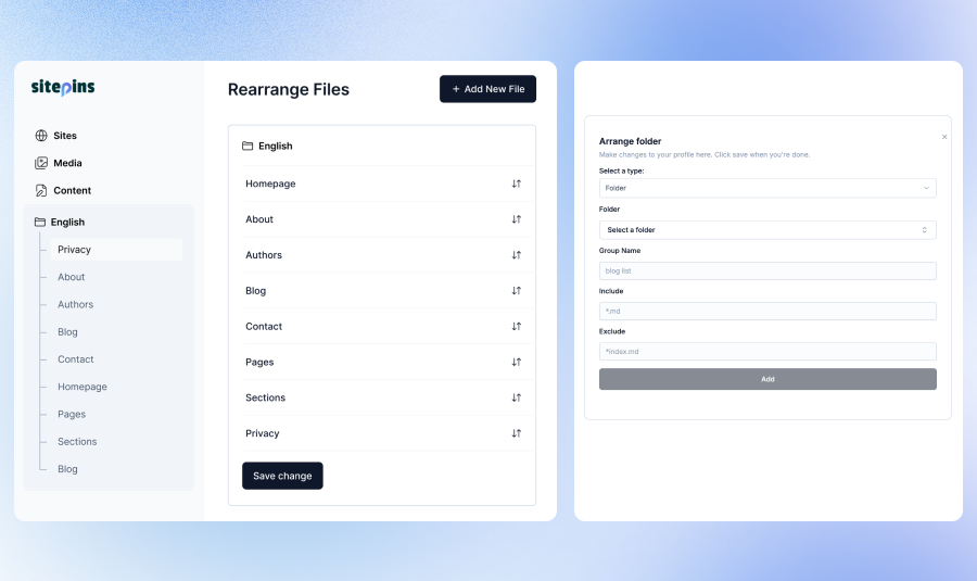 Adding a new site to Sitepins