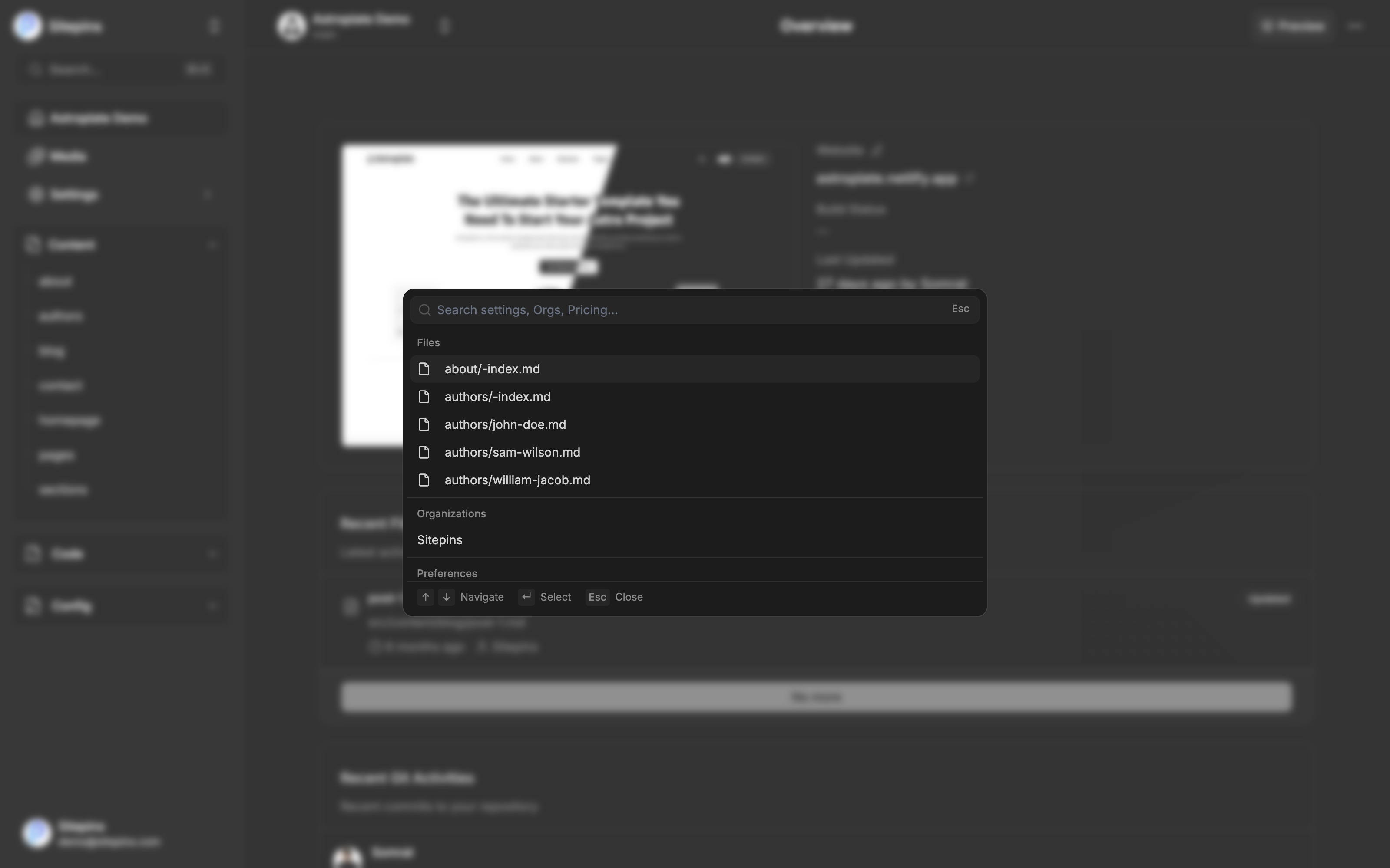 Global search open, showing file and organization results