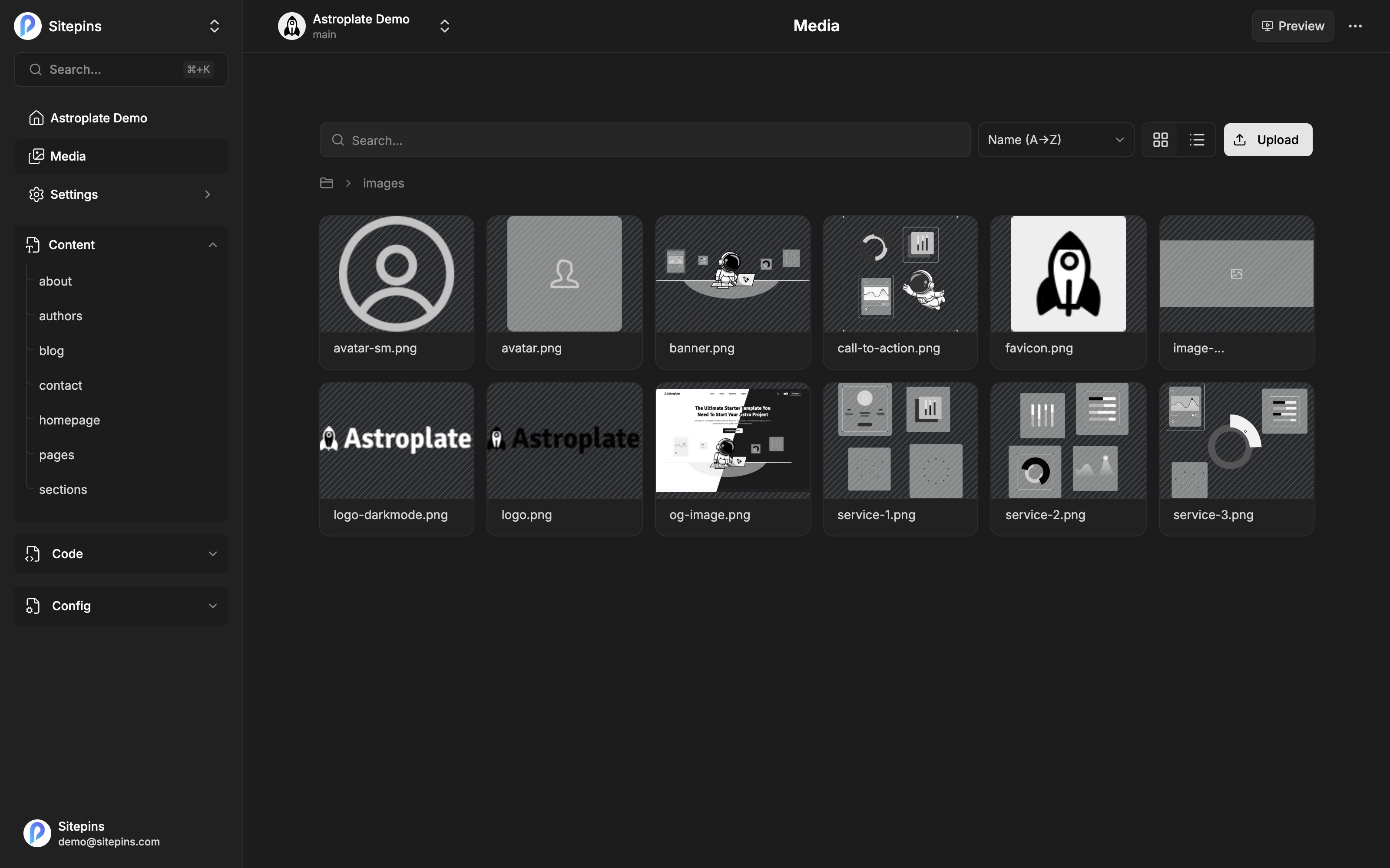 The Sitepins media library in grid view