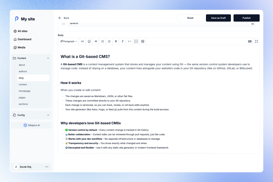 Adding a new site to Sitepins