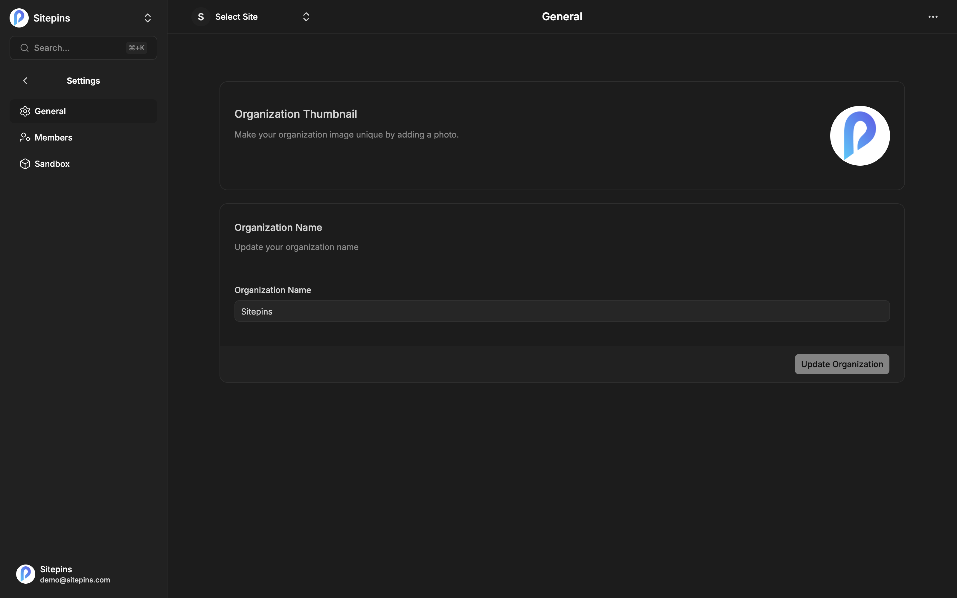 The organization general settings page