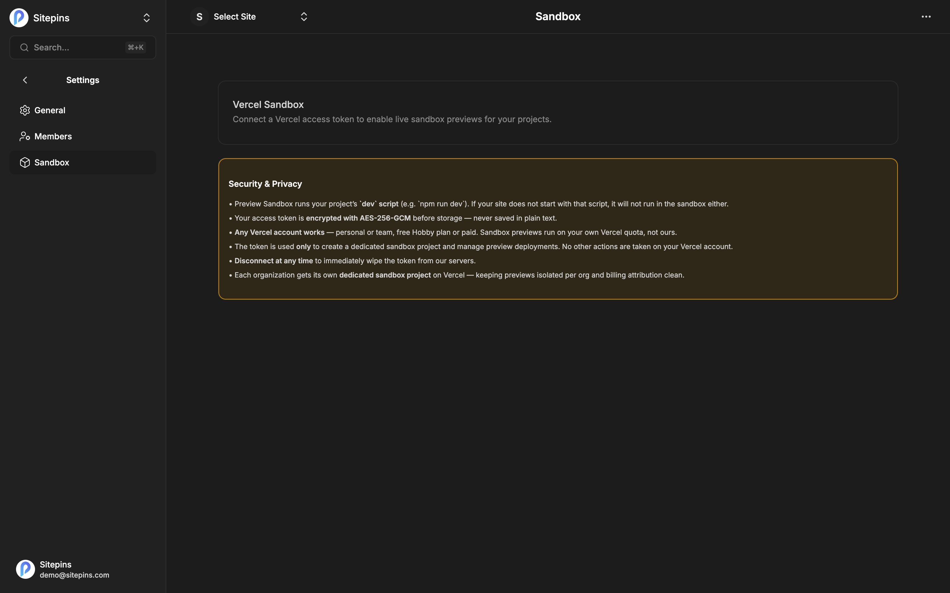 The sandbox settings page, where a Vercel token is connected