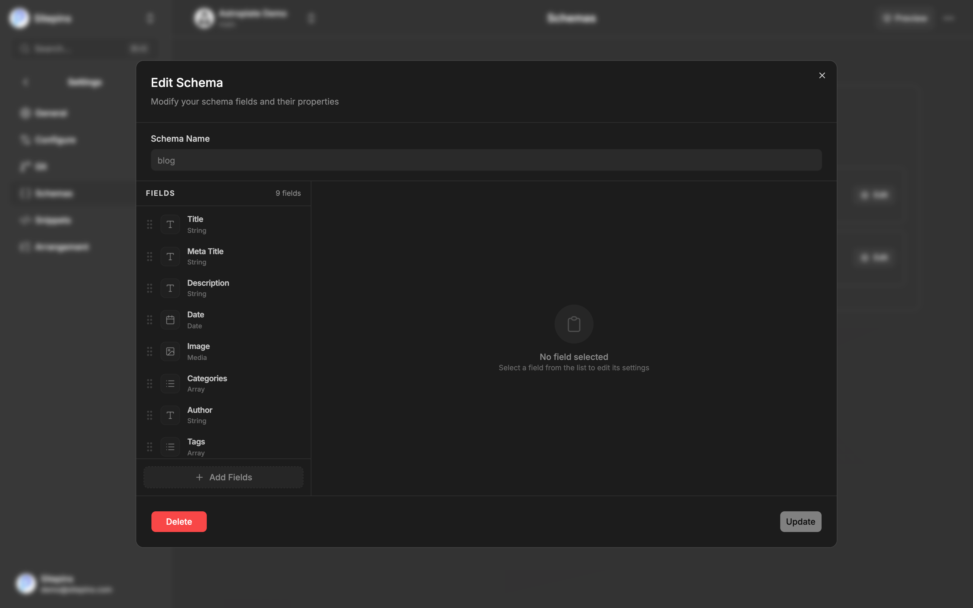 The visual schema editor, listing a schema's fields
