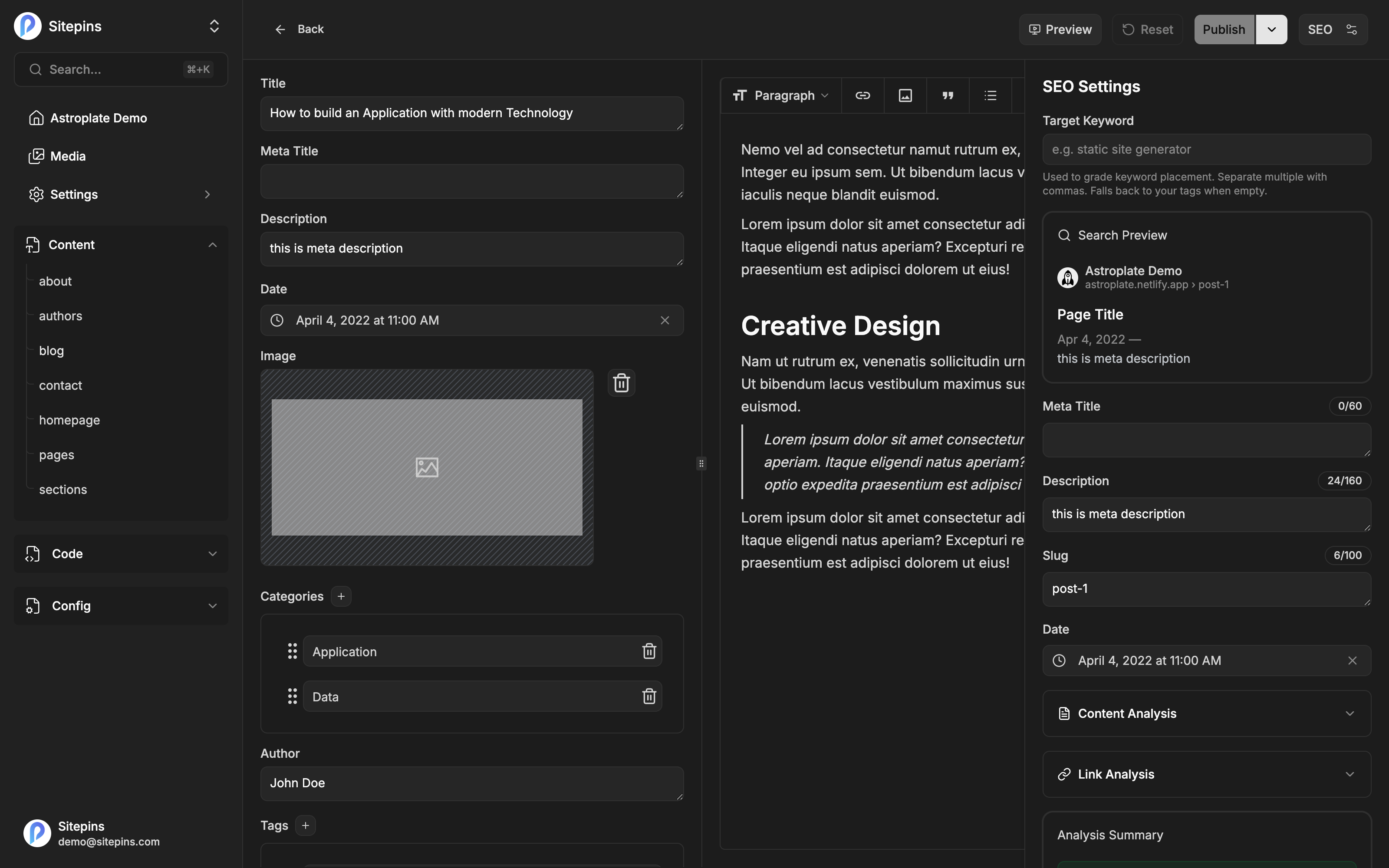The SEO panel open beside the editor, showing the search preview and analysis