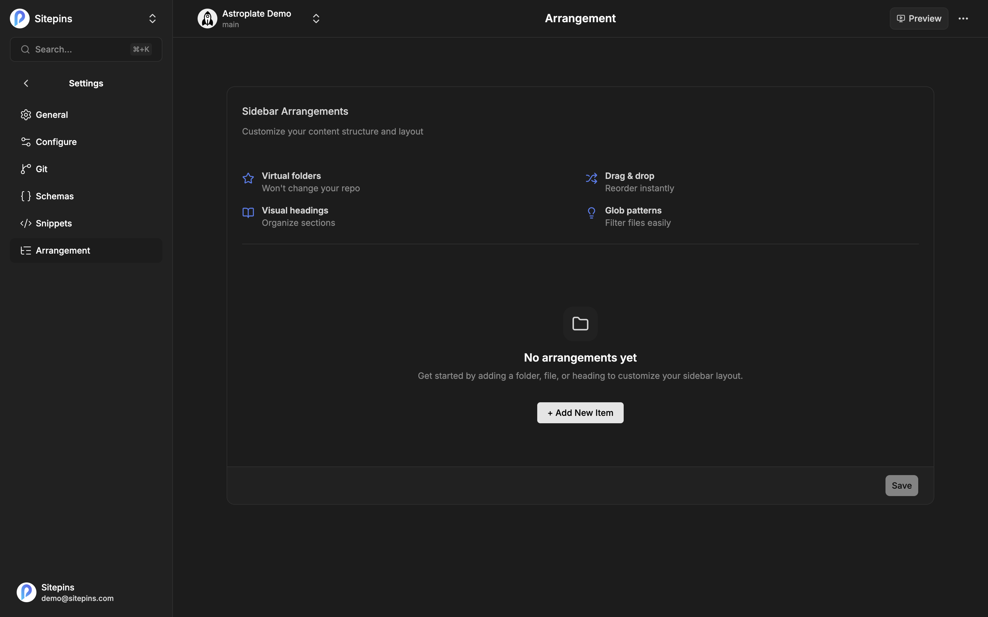 The Sidebar Arrangements settings page