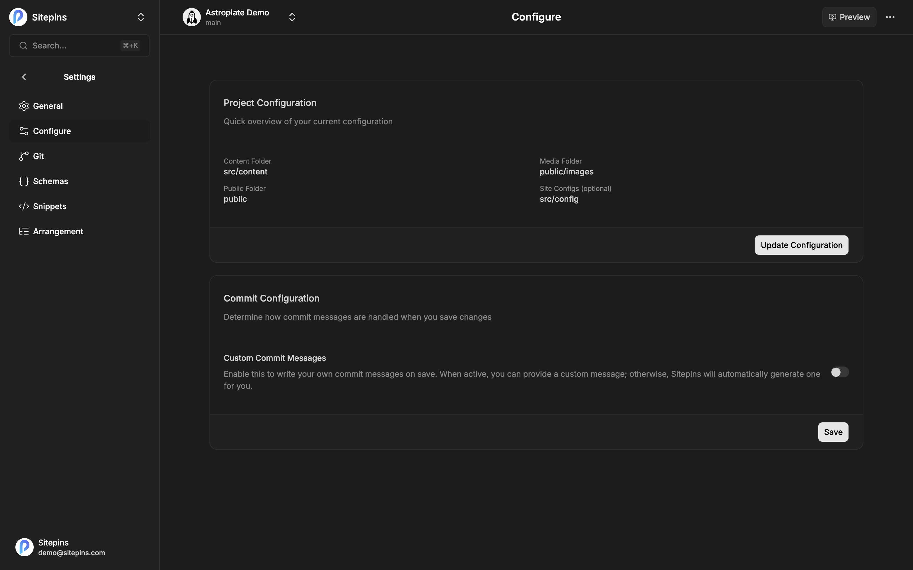 The project configuration form