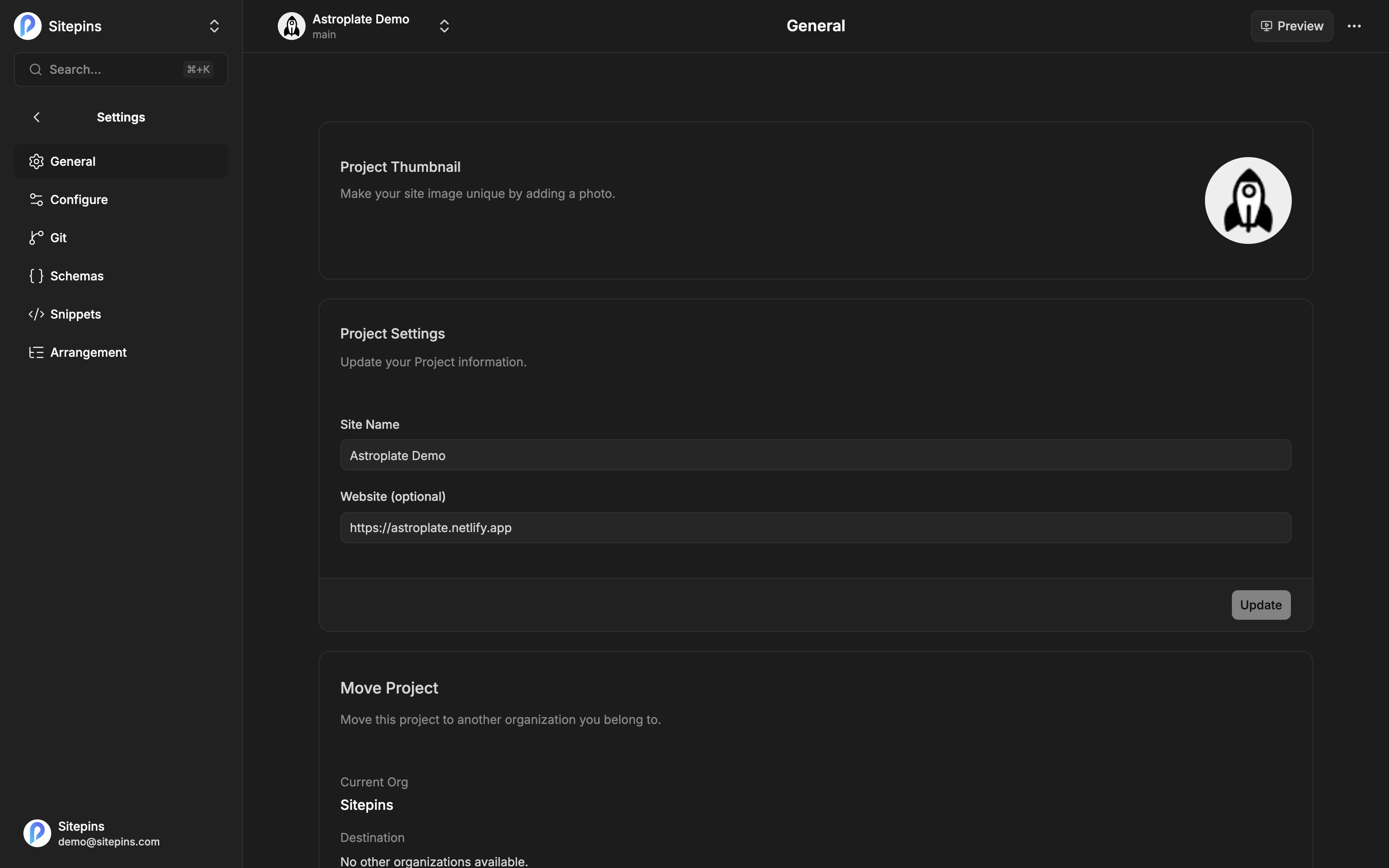 The general project settings page
