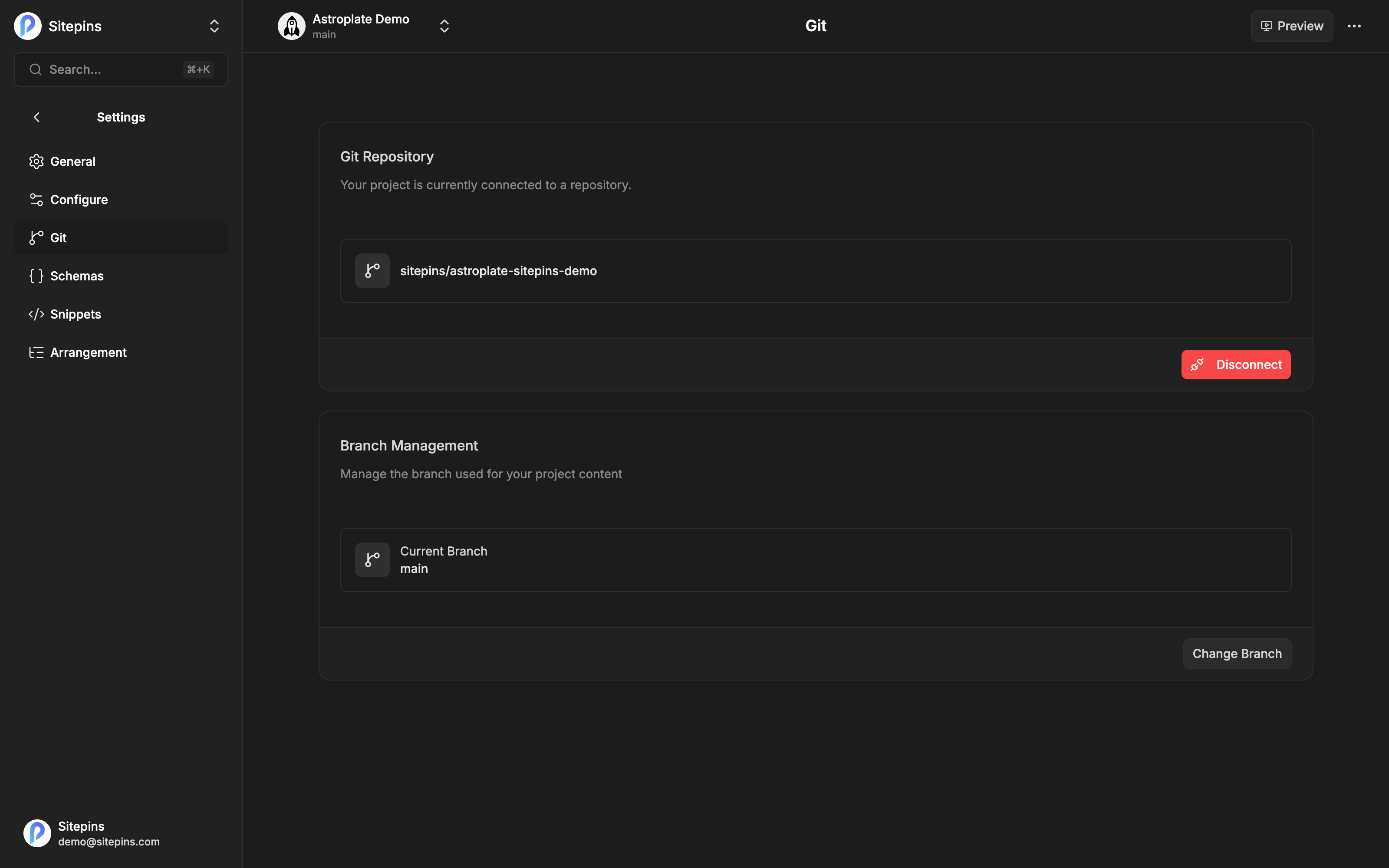 The Git settings page, showing the connected repository and branch
