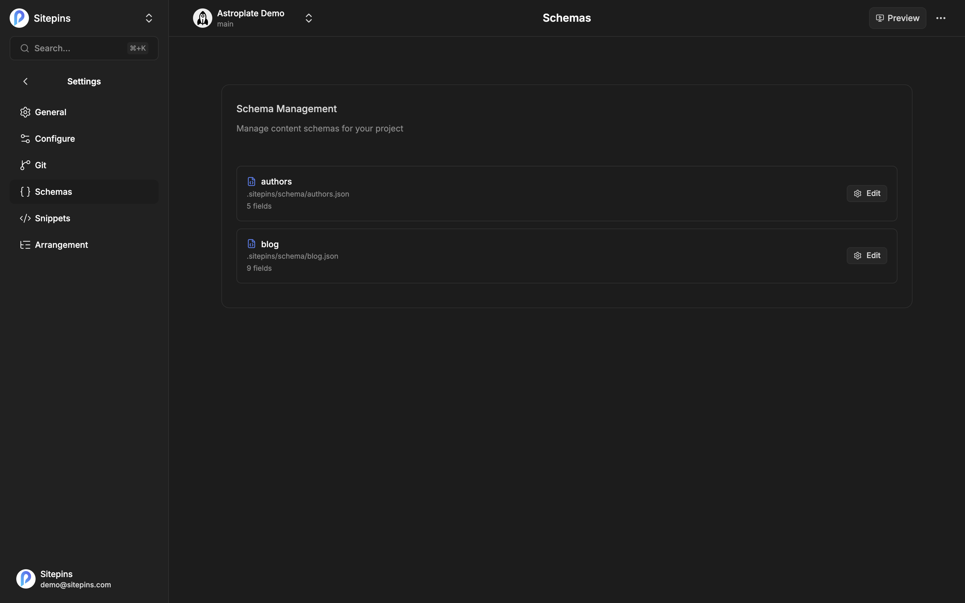 The schema management page, listing every schema in the project